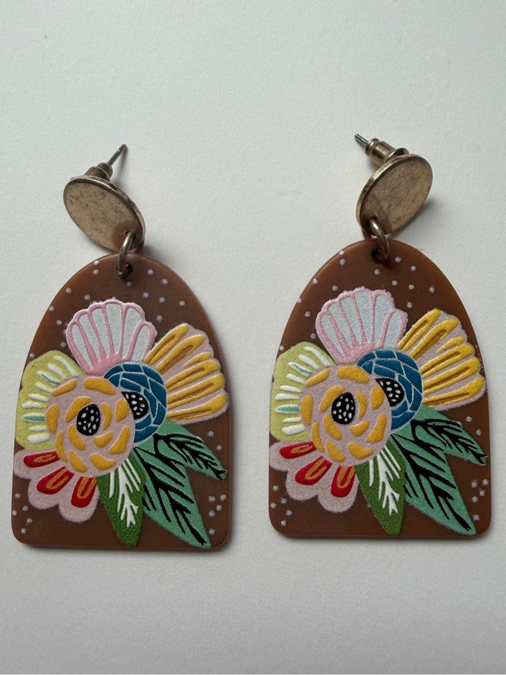 Hand-Painted Floral Arch Drop Earrings in Brown with Multicolor Flowers